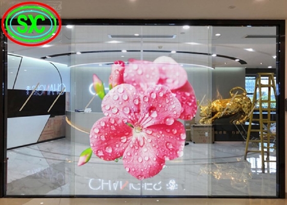 Ecrã LED transparente P3.91-7.82 Janela de vidro de cores completas montada para jóias